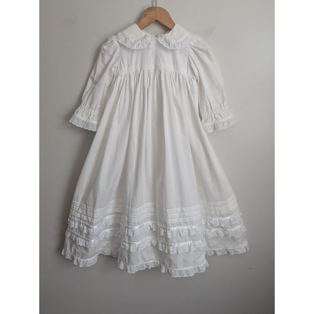 Vintage Handmade Baptism Christening Gown Slip White Cotton Eyelet Lace 31" 6-12